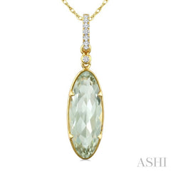 16X6 MM Evoque Gemstone Oval Shape Green Amethyst and 1/20 Ctw Round Cut Diamond Semi-Precious Pendant With Chain in 10K Yellow Gold
