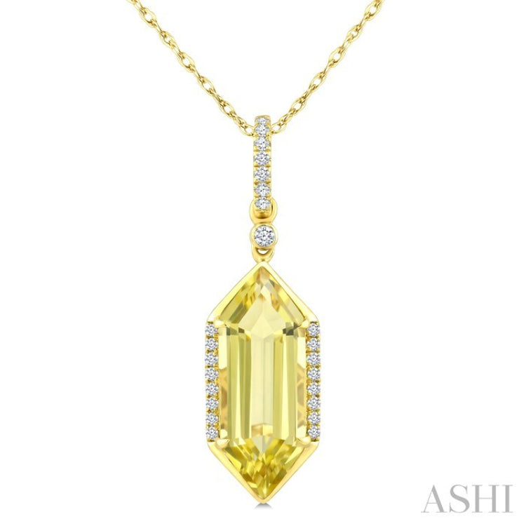 16X6 MM Evoque Gemstones Hexagon Shape Lemon Quartz and 1/10 Ctw Round Cut Diamond Semi-Precious Pendant With Chain in 10K Yellow Gold