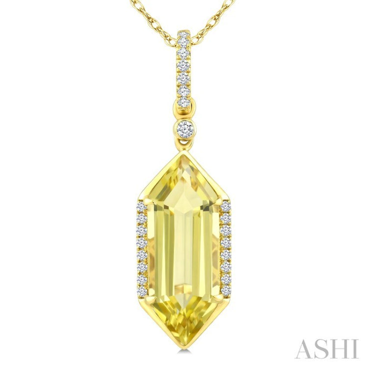 16X6 MM Evoque Gemstones Hexagon Shape Lemon Quartz and 1/10 Ctw Round Cut Diamond Semi-Precious Pendant With Chain in 10K Yellow Gold
