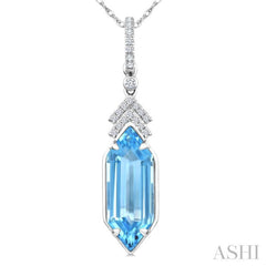 16X6 MM Evoque Gemstones Hexagon Shape Blue Topaz and 1/10 Ctw Round Cut Diamond Semi-Precious Pendant With Chain in 10K White Gold