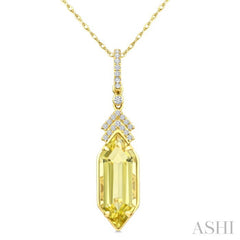 16X6 MM Evoque Gemstones Hexagon Shape Lemon Quartz and 1/10 Ctw Round Cut Diamond Semi-Precious Pendant With Chain in 10K Yellow Gold