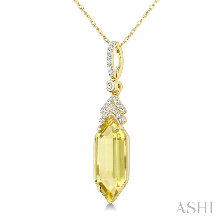 16X6 MM Evoque Gemstones Hexagon Shape Lemon Quartz and 1/10 Ctw Round Cut Diamond Semi-Precious Pendant With Chain in 10K Yellow Gold