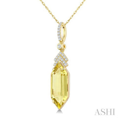 16X6 MM Evoque Gemstones Hexagon Shape Lemon Quartz and 1/10 Ctw Round Cut Diamond Semi-Precious Pendant With Chain in 10K Yellow Gold
