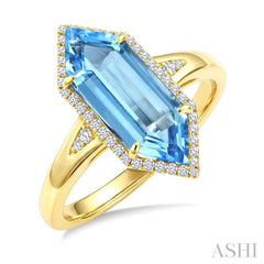 16X6 MM Evoque Gemstones Hexagon Shape Blue Topaz and 1/5 Ctw Round Cut Diamond Semi-Precious Ring in 10K Yellow Gold