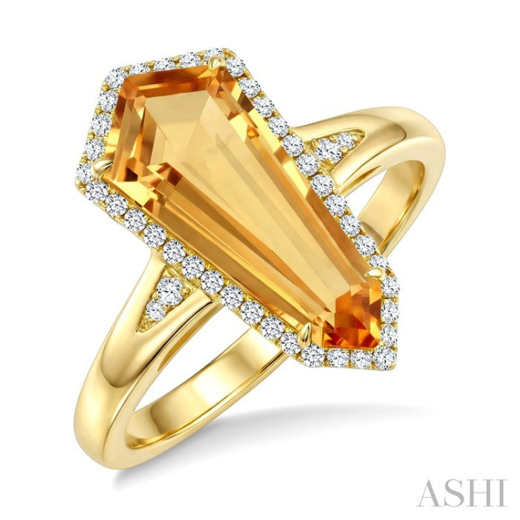 16X7 MM Evoque Gemstone Shield Shape Citrine and 1/6 Ctw Round Cut Diamond Semi-Precious Ring in 10K Yellow Gold