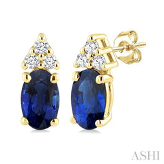 1/20 Ctw Oval Cut 5X3 MM Sapphire and Round Cut Diamond Precious Earrings in 10K Yellow Gold