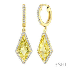 14X7 MM Evoque Gemstones Kite Shape Lemon Quartz and 1/3 Ctw Round Cut Diamond Semi-Precious Earrings in 14K Yellow Gold