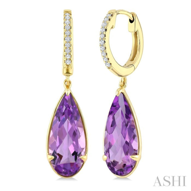 14X6 MM Evoque Gemstones Pear Shape Amethyst and 1/10 Ctw Round Cut Diamond Semi-Precious Earrings in 14K Yellow Gold
