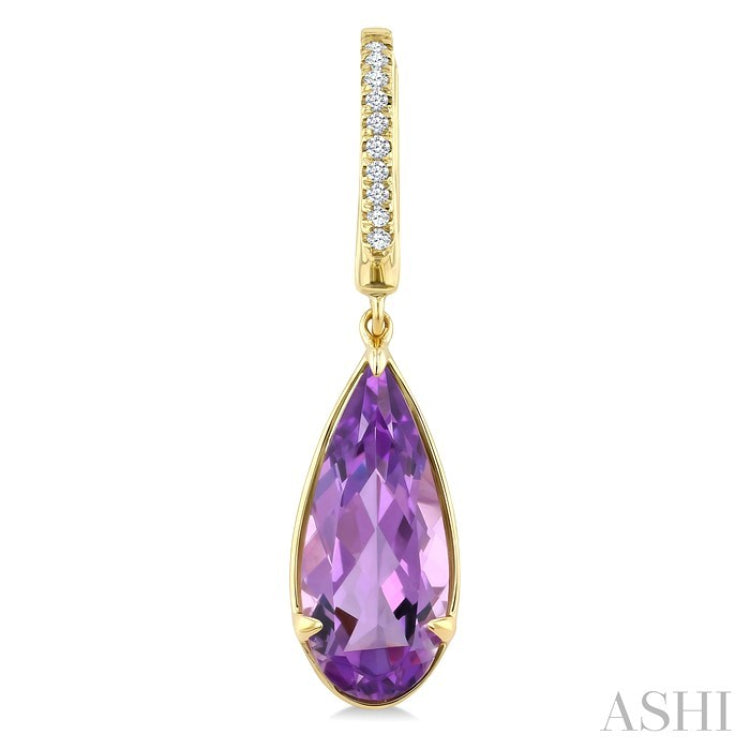 14X6 MM Evoque Gemstones Pear Shape Amethyst and 1/10 Ctw Round Cut Diamond Semi-Precious Earrings in 14K Yellow Gold