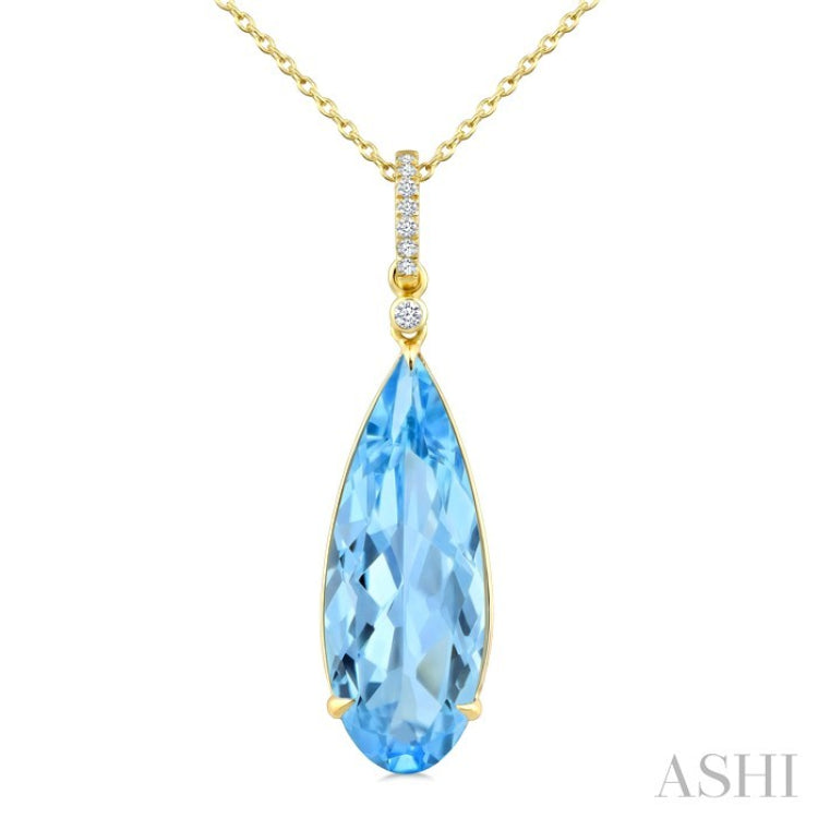 22X8 MM Evoque Gemstones Pear Shape Blue Topaz and 1/20 Ctw Round Cut Diamond Semi-Precious Pendant With Chain in 14K Yellow Gold