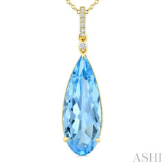 22X8 MM Evoque Gemstones Pear Shape Blue Topaz and 1/20 Ctw Round Cut Diamond Semi-Precious Pendant With Chain in 14K Yellow Gold