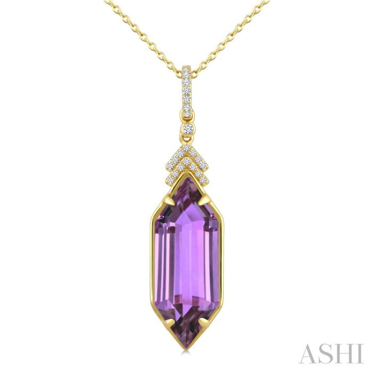 22X8 MM Evoque Gemstones Hexagon Shape Amethyst and 1/10 Ctw Round Cut Diamond Semi-Precious Pendant With Chain in 14K Yellow Gold