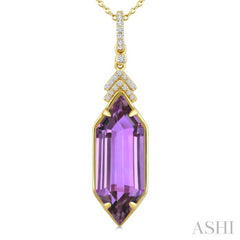 22X8 MM Evoque Gemstones Hexagon Shape Amethyst and 1/10 Ctw Round Cut Diamond Semi-Precious Pendant With Chain in 14K Yellow Gold