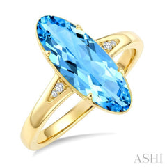 16X6 MM Evoque Gemstones Oval Shape Blue Topaz and 1/50 Ctw Round Cut Diamond Semi-Precious Ring in 10K Yellow Gold