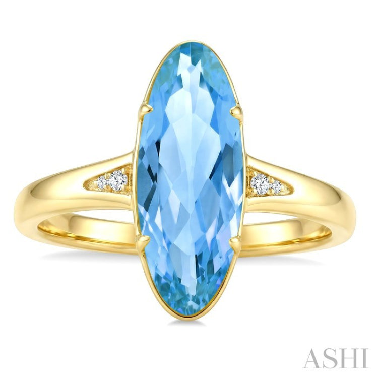 16X6 MM Evoque Gemstones Oval Shape Blue Topaz and 1/50 Ctw Round Cut Diamond Semi-Precious Ring in 10K Yellow Gold