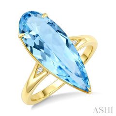 22X8 MM Evoque Gemstones Pear Shape Blue Topaz and 1/50 Ctw Round Cut Diamond Semi-Precious Ring in 14K Yellow Gold