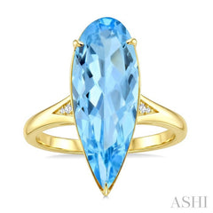 22X8 MM Evoque Gemstones Pear Shape Blue Topaz and 1/50 Ctw Round Cut Diamond Semi-Precious Ring in 14K Yellow Gold