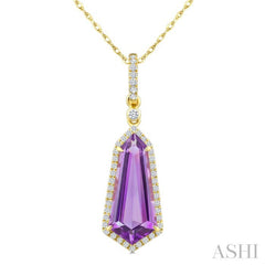 16X7 MM Evoque Gemstones Shield Shape Amethyst and 1/5 Ctw Round Cut Diamond Semi-Precious Pendant With Chain in 10K Yellow Gold