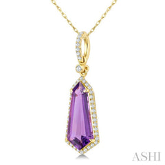 16X7 MM Evoque Gemstones Shield Shape Amethyst and 1/5 Ctw Round Cut Diamond Semi-Precious Pendant With Chain in 10K Yellow Gold