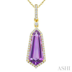 16X7 MM Evoque Gemstones Shield Shape Amethyst and 1/5 Ctw Round Cut Diamond Semi-Precious Pendant With Chain in 10K Yellow Gold