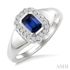 6X4 MM Octagon Shape Sapphire and 1/5 Ctw Round Cut Diamond Bold Precious Fashion Ring in 10K White Gold
