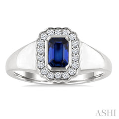 6X4 MM Octagon Shape Sapphire and 1/5 Ctw Round Cut Diamond Bold Precious Fashion Ring in 10K White Gold