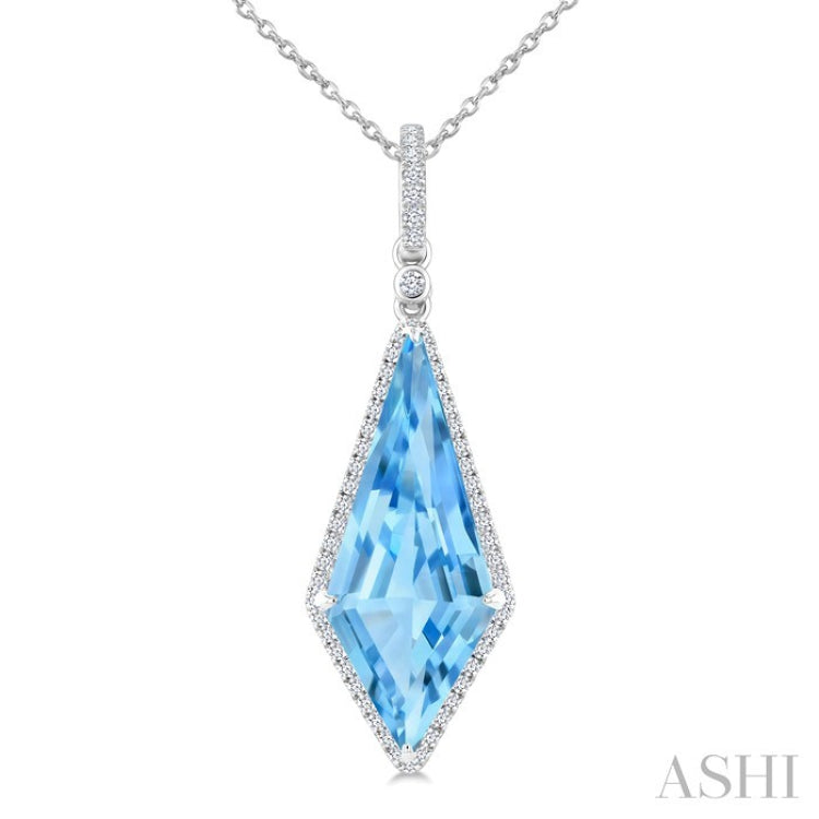 22X9 MM Evoque Gemstones Kite Shape Blue Topaz and 1/4 Ctw Round Cut Diamond Semi-Precious Pendant With Chain in 14K White Gold