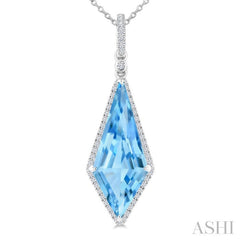 22X9 MM Evoque Gemstones Kite Shape Blue Topaz and 1/4 Ctw Round Cut Diamond Semi-Precious Pendant With Chain in 14K White Gold