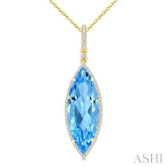 22X8 MM Evoque Gemstones Marquise Shape Blue Topaz and 1/4 Ctw Round Cut Diamond Semi-Precious Pendant With Chain in 14K Yellow Gold
