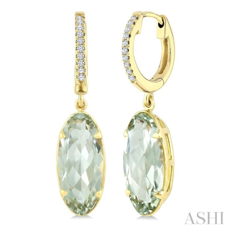 14X6 MM Evoque Gemstones Oval Shape Green Amethyst and 1/10 Ctw Round Cut Diamond Semi-Precious Earrings in 14K Yellow Gold