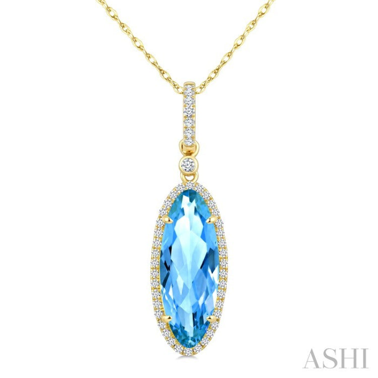 16X6 MM Evoque Gemstones Oval Shape Blue Topaz and 1/5 Ctw Round Cut Diamond Semi-Precious Pendant With Chain in 10K Yellow Gold