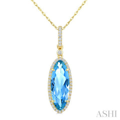16X6 MM Evoque Gemstones Oval Shape Blue Topaz and 1/5 Ctw Round Cut Diamond Semi-Precious Pendant With Chain in 10K Yellow Gold