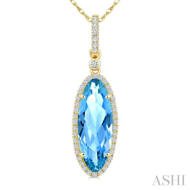 16X6 MM Evoque Gemstones Oval Shape Blue Topaz and 1/5 Ctw Round Cut Diamond Semi-Precious Pendant With Chain in 10K Yellow Gold