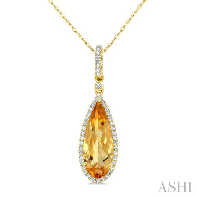 16X6 MM Evoque Gemstone Pear Shape Citrine and 1/5 Ctw Round Cut Diamond Semi-Precious Pendant With Chain in 10K Yellow Gold