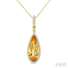 16X6 MM Evoque Gemstone Pear Shape Citrine and 1/5 Ctw Round Cut Diamond Semi-Precious Pendant With Chain in 10K Yellow Gold
