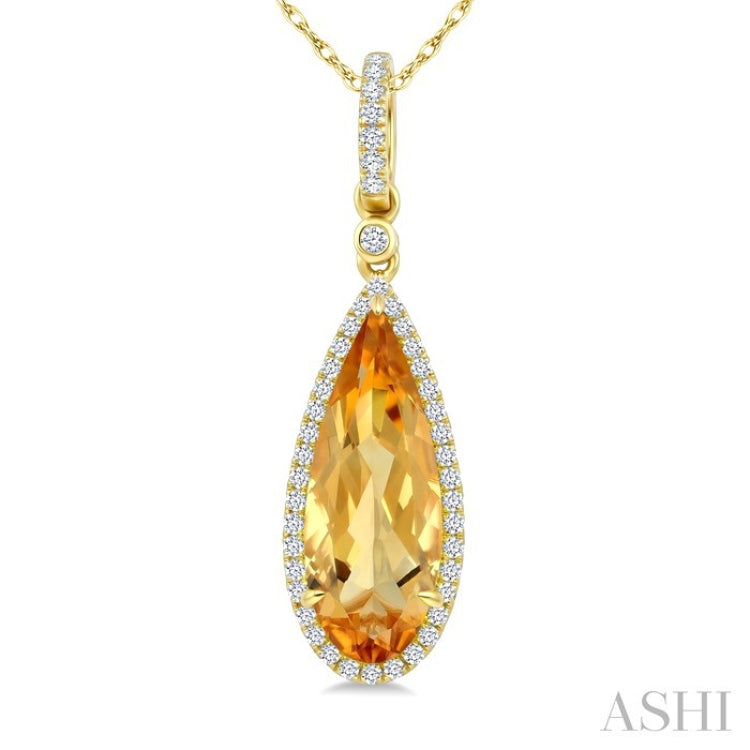 16X6 MM Evoque Gemstone Pear Shape Citrine and 1/5 Ctw Round Cut Diamond Semi-Precious Pendant With Chain in 10K Yellow Gold