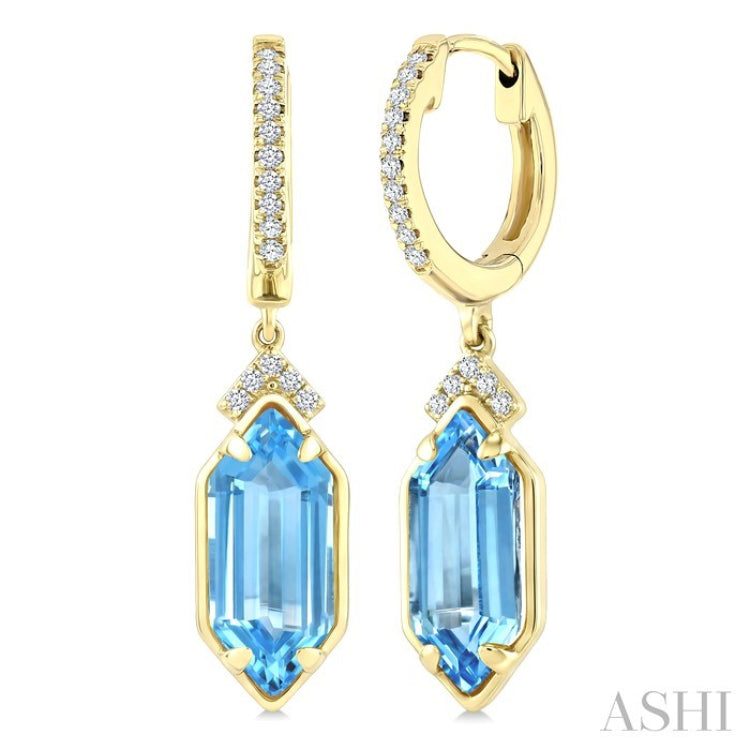 12X5 MM Evoque Gemstones Hexagon Shape Blue Topaz and 1/6 Ctw Round Cut Diamond Semi-Precious Earrings in 10K Yellow Gold
