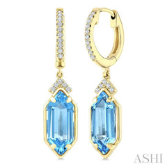 12X5 MM Evoque Gemstones Hexagon Shape Blue Topaz and 1/6 Ctw Round Cut Diamond Semi-Precious Earrings in 10K Yellow Gold