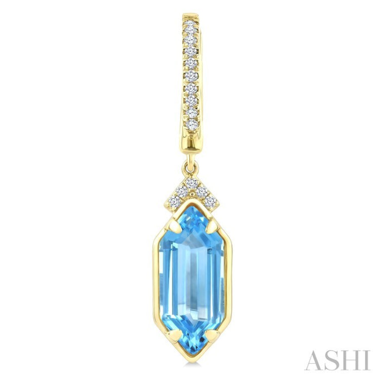 12X5 MM Evoque Gemstones Hexagon Shape Blue Topaz and 1/6 Ctw Round Cut Diamond Semi-Precious Earrings in 10K Yellow Gold