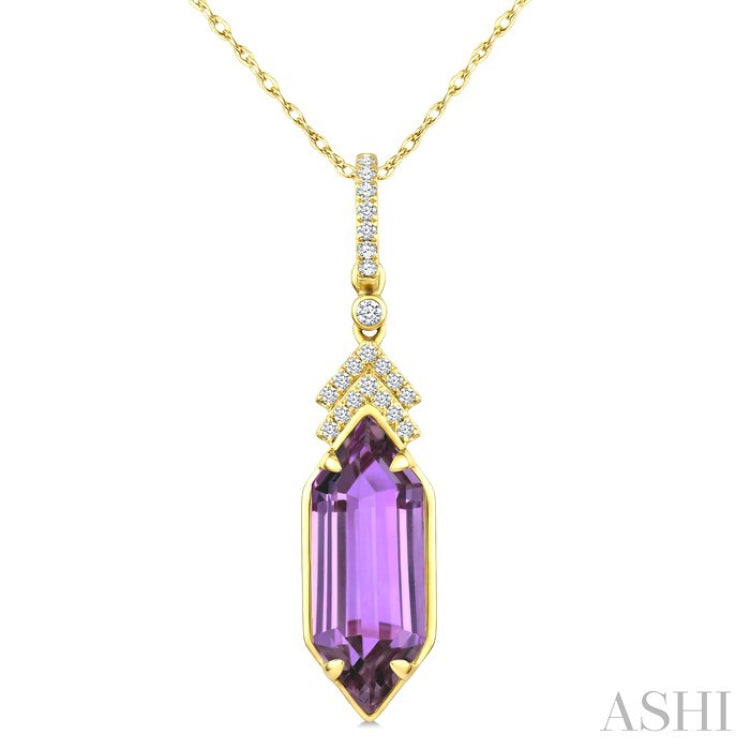 16X6 MM Evoque Gemstones Hexagon Shape Amethyst and 1/10 Ctw Round Cut Diamond Semi-Precious Pendant With Chain in 10K Yellow Gold