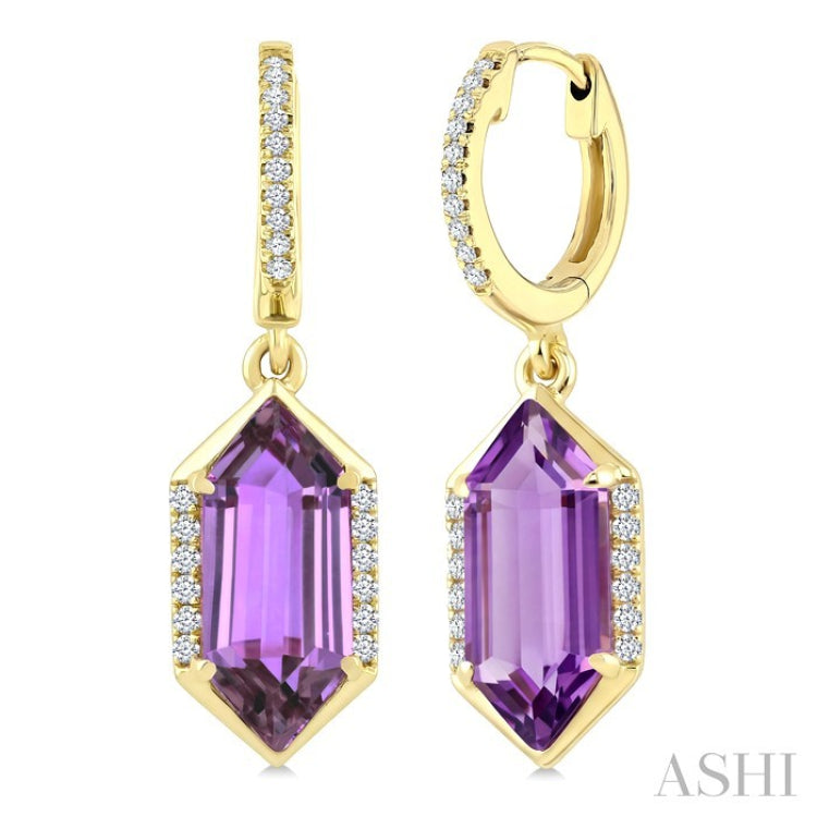 12X5 MM Evoque Gemstones Hexagon Shape Amethyst and 1/5 Ctw Round Cut Diamond Semi-Precious Earrings in 10K Yellow Gold