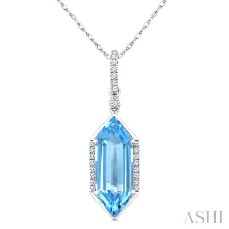 16X6 MM Evoque Gemstones Hexagon Shape Blue Topaz and 1/10 Ctw Round Cut Diamond Semi-Precious Pendant With Chain in 10K White Gold