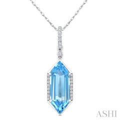 16X6 MM Evoque Gemstones Hexagon Shape Blue Topaz and 1/10 Ctw Round Cut Diamond Semi-Precious Pendant With Chain in 10K White Gold
