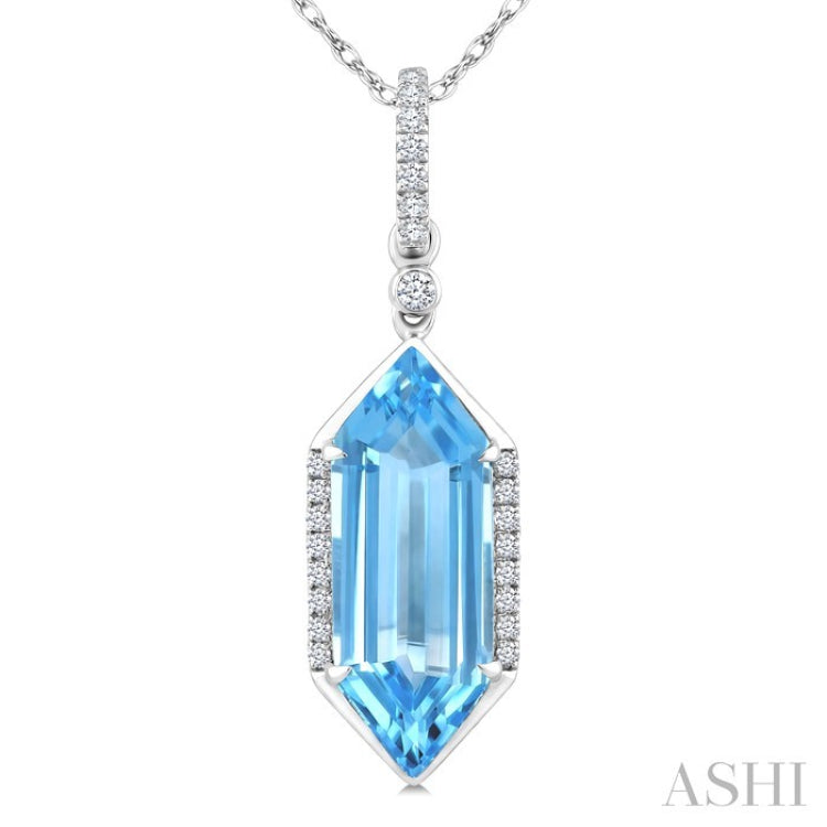 16X6 MM Evoque Gemstones Hexagon Shape Blue Topaz and 1/10 Ctw Round Cut Diamond Semi-Precious Pendant With Chain in 10K White Gold