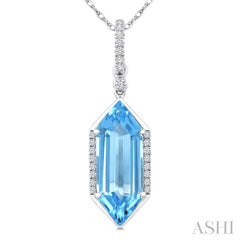 16X6 MM Evoque Gemstones Hexagon Shape Blue Topaz and 1/10 Ctw Round Cut Diamond Semi-Precious Pendant With Chain in 10K White Gold