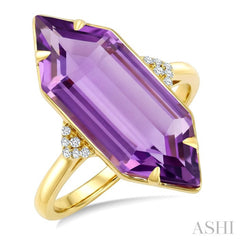 22X8 MM Evoque Gemstones Hexagon Shape Amethyst and 1/20 Ctw Round Cut Diamond Semi-Precious Ring in 14K Yellow Gold