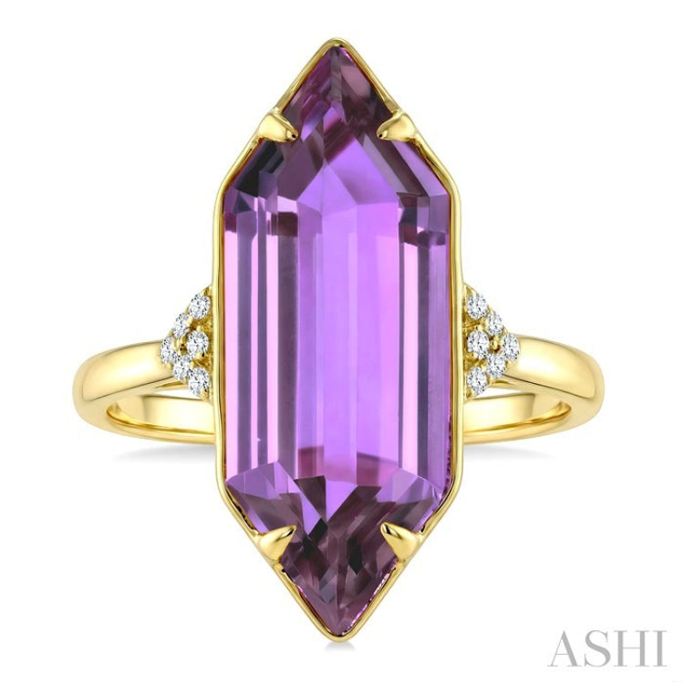 22X8 MM Evoque Gemstones Hexagon Shape Amethyst and 1/20 Ctw Round Cut Diamond Semi-Precious Ring in 14K Yellow Gold