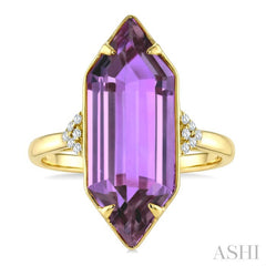 22X8 MM Evoque Gemstones Hexagon Shape Amethyst and 1/20 Ctw Round Cut Diamond Semi-Precious Ring in 14K Yellow Gold