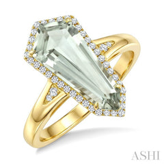 16X7 MM Evoque Gemstone Shield Shape Green Amethyst and 1/6 Ctw Round Cut Diamond Semi-Precious Ring in 10K Yellow Gold