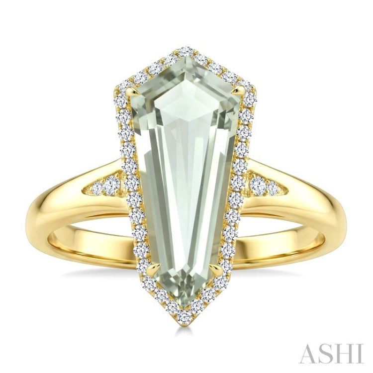 16X7 MM Evoque Gemstone Shield Shape Green Amethyst and 1/6 Ctw Round Cut Diamond Semi-Precious Ring in 10K Yellow Gold